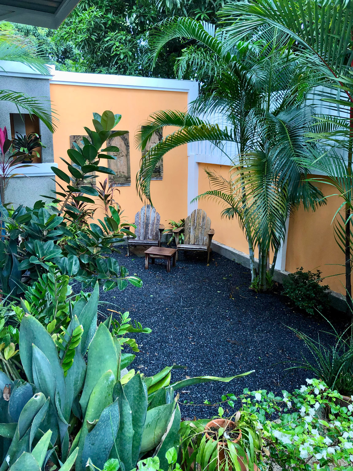 Tropical garden seating area